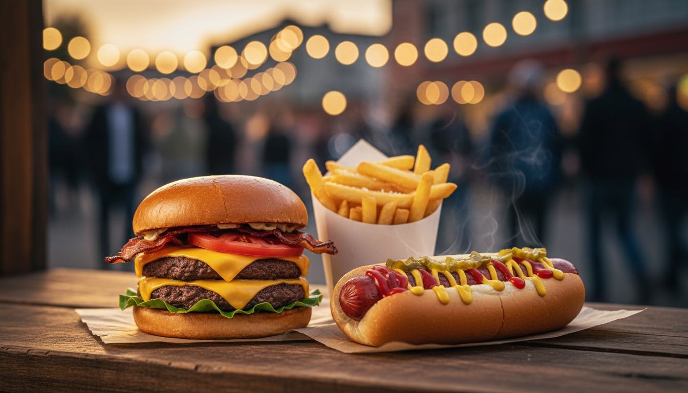 Hamburguesa, papas y hotdog recién preparados